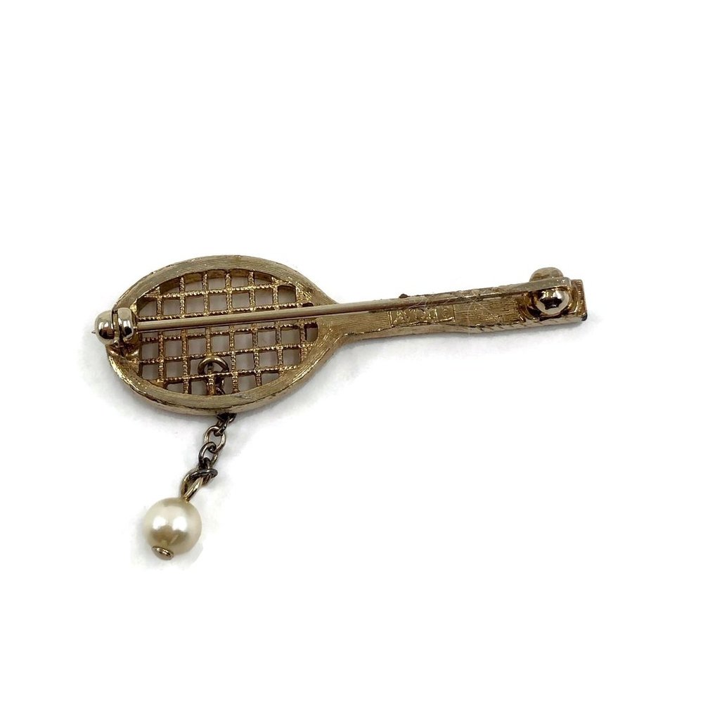 Vintage Avon Tennis Racket Brooch Faux Pearl Dangl - Picture 3 of 4